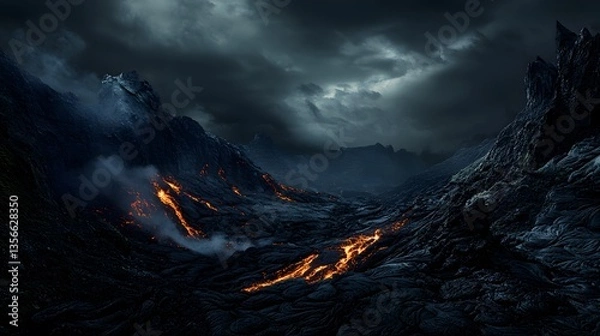 Fototapeta A dramatic volcanic landscape with glowing lava flows contrasting against a dark, brooding sky.