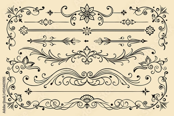 Fototapeta AI Generated vector divider ornament set featuring black floral swirls, symmetrical flourishe, vintage-style horizontal elements on beige background ideal for decorative layouts, classic design themes