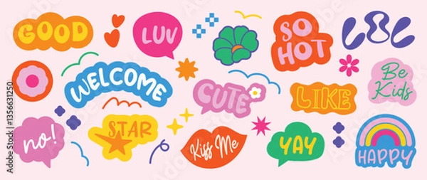Fototapeta Set of doodle and speech bubble vector. Collection of contemporary figure, speech bubble with text good, like, so hot, happy, kiss me. Chat design element for banner, print, sticker.