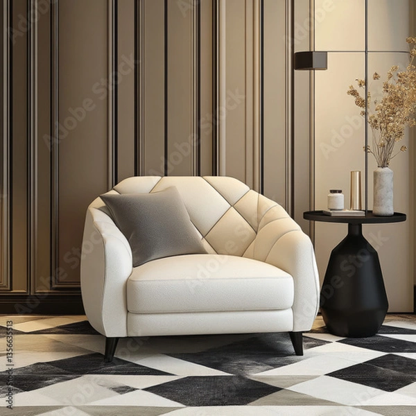 Fototapeta a contemporary cozy lounge with a sleek white armchair, a geometric patterned rug, and a matte black side table for contrast