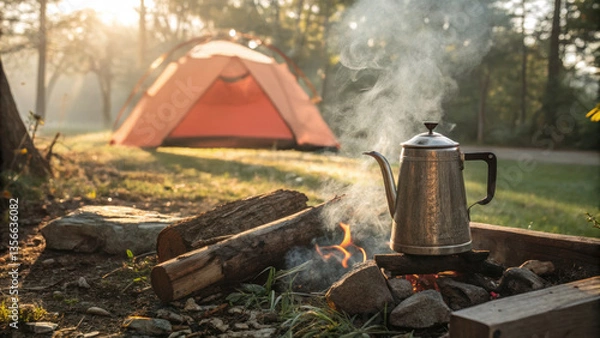 Fototapeta Backyard camping activity, Cozy camping scene with a kettle over a fire and a tent in the background.