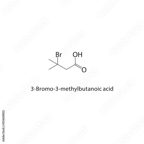 Fototapeta 3-Bromo-3-methylbutanoic acid skeletal structure. Carboxylic acid compound schematic illustration. Simple diagram, chemical formula.