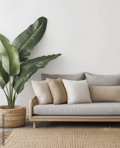 Fototapeta a simple and clean lounge area with a gray futon, neutral jute rug, and a large, leafy plant adding a touch of greenery