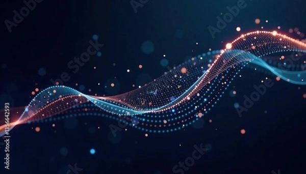 Obraz Abstract futuristic background with a wave of connecting dots and lines on a dark backdrop, creating a visually striking illustration of data technology,  wave,  abstract
