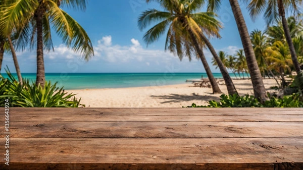 Fototapeta Empty wooden table on blurred background of sunny beach with palm trees on sea shore