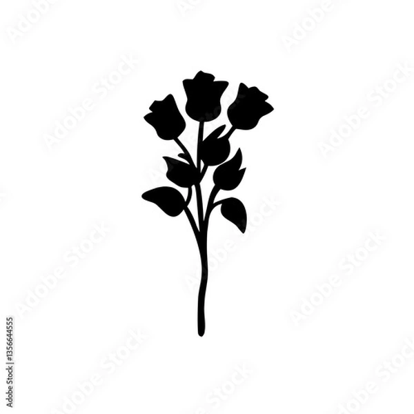 Fototapeta Black silhouette of three roses with leaves on a white background  