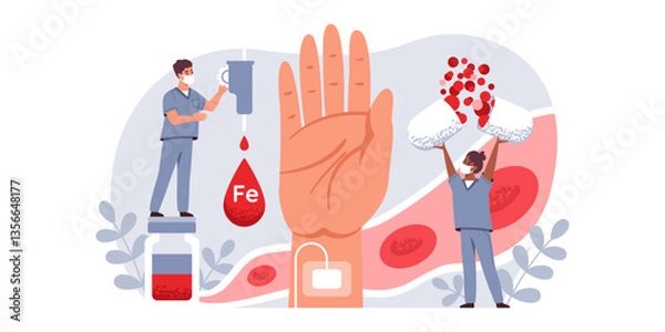 Obraz Treatment of iron deficiency anemia. Drops, tablets, medications to increase the level of iron in the human body. Health and medicine. Vector flat illustration.