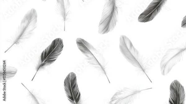 Fototapeta Seamless pattern of multiple black and white feathers on a white background. the feathers are arranged in a repeating pattern, with each feather slightly overlapping the one below it.