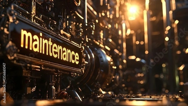 Obraz A close-up view of a mechanical or industrial setting featuring the word maintenance illuminated in lights. Concept Industrial Machinery, Lighting Design, Close-Up Photography, Maintenance Focus