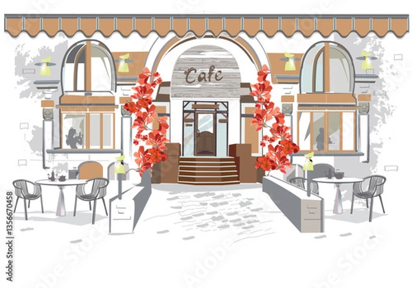 Obraz Series of backgrounds decorated with flowers, old town views and street cafes. Cafe window.   Hand drawn vector. 