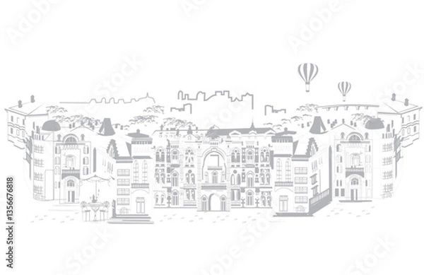 Obraz Series of street views in the old city. Hand drawn vector architectural background with historic buildings.