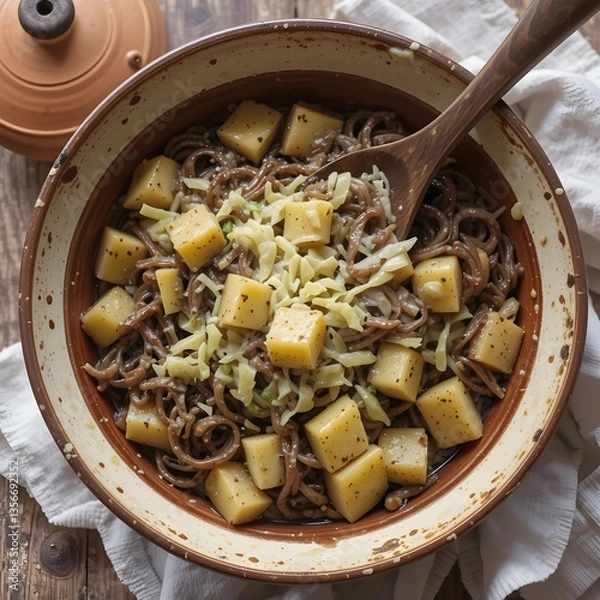 Fototapeta Pizzoccheri : A rustic dish of wide, dark buckwheat noodles tossed with tender potato chunks, wilted cabbage, and gooey melted cheese, served in an earthenware dish with a wooden spoon.