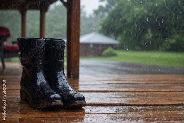 Obraz Pair of black rubber boots on wooden porch during heavy rain