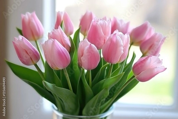 Fototapeta Delicate pink tulips in clear vase, showcasing vibrant petals an