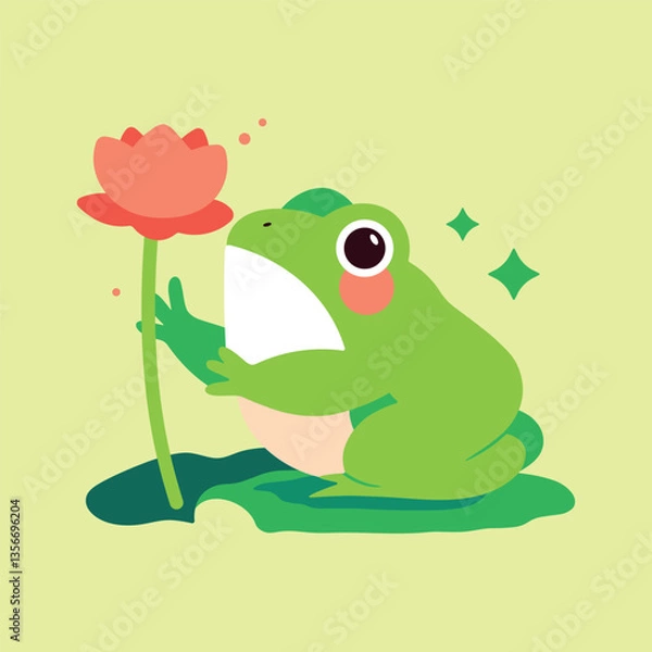 Obraz Cute frog sitting on a lily pad, gently holding a pink lotus flower. Peaceful vector illustration in cartoon style, perfect for children's books, stickers, nature designs, and greeting cards.