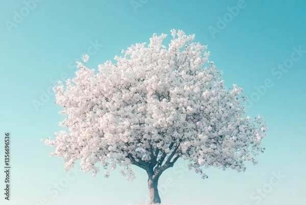 Fototapeta Blooming tree stands against soft blue sky, showcasing delicate