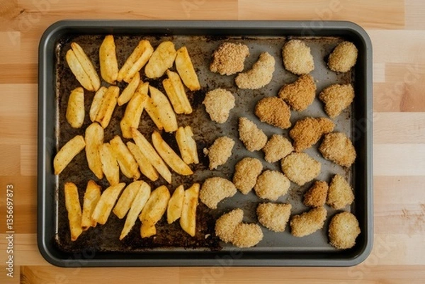 Fototapeta Golden fries paired with crispy nuggets on baking tray showcase