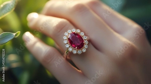 Fototapeta Elegant red gemstone ring on hand