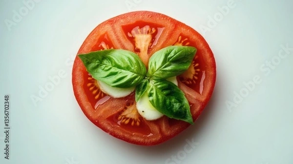 Fototapeta A freshly made Caprese salad with slices of ripe tomatoes, mozzarella cheese, fresh basil, and a drizzle of balsamic glaze, displayed on a white plate for a clean, appetizing look.