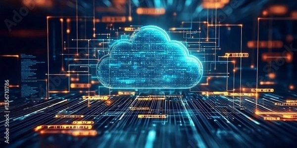 Fototapeta Digital informational technology web futuristic hologram with cloud icon, blue golden light digits and code background, cloud computing. Abstract Motion of digital data flow. Finest generative AI