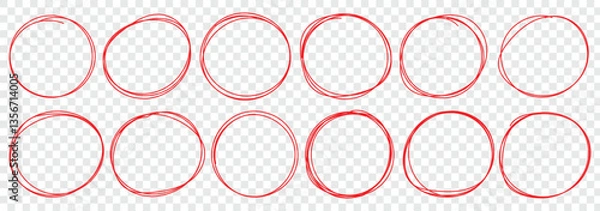 Fototapeta Set of hand drawn doodle red marker round frames. Red pen drawn marks, red circle set, highlight circle. Hand drawn marker doodle line stroke. Handwritten highlight red scribble circle.