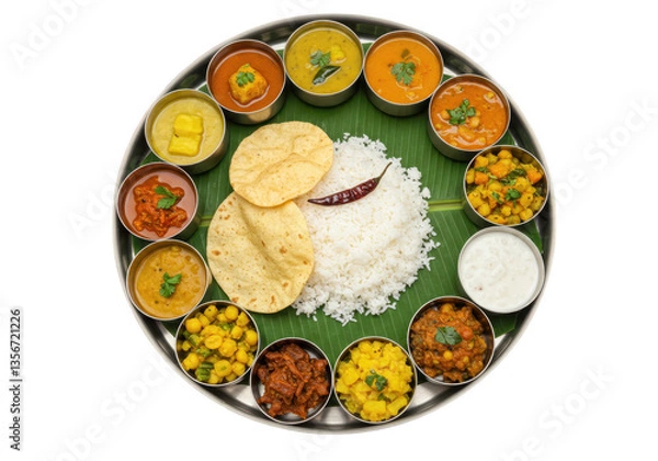 Fototapeta An authentic South Indian thali served on a steel plate with banana leaf base isolated on transparent background