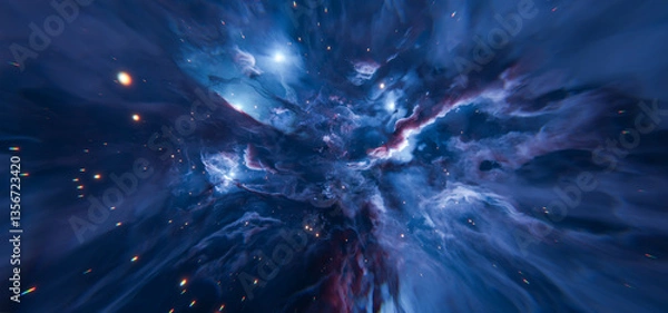Obraz Deep Blue Nebula Background with Bright Star Clouds in Space