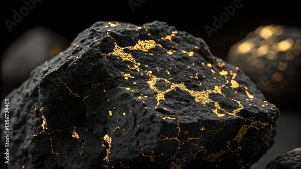 Fototapeta Golden Veins in Stone: A captivating close-up reveals a dark stone, intricately veined with shimmering gold, symbolizing wealth and geological wonder.