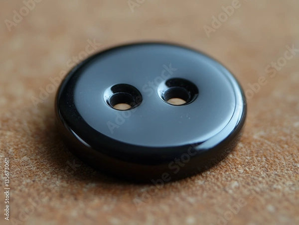 Obraz Close-up of a Shiny Black Button with Two Holes on a Brown Surface, Sewing Accessory, Garment Fastener, Fashion Detail, Tailoring Component