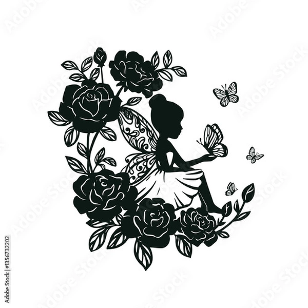 Fototapeta Silhouette of a fairy with flowers and moon. Vector illustration isolated on white background.