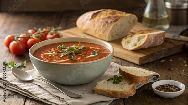 Fototapeta  This image presents a rustic and inviting scene featuring a bowl of tomato soup, fresh bread,