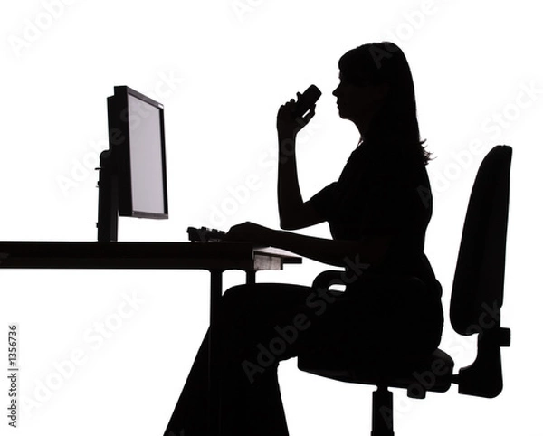 Fototapeta silhouette of woman working computer (phone)