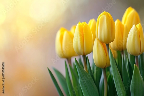 Obraz Beautiful Colorful Tulips Blooming In Spring Garden With Lush Green Leaves Generative AI