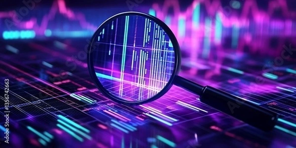 Fototapeta Data analysis, search engine optimization or SEO. magnifier, charts, graphs. ultraviolet and neon screen. Generative AI