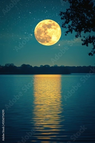 Fototapeta Tranquil lake reflecting a radiant full moon under a starlit sky casting a golden glow on the water surface creating a serene and magical atmosphere