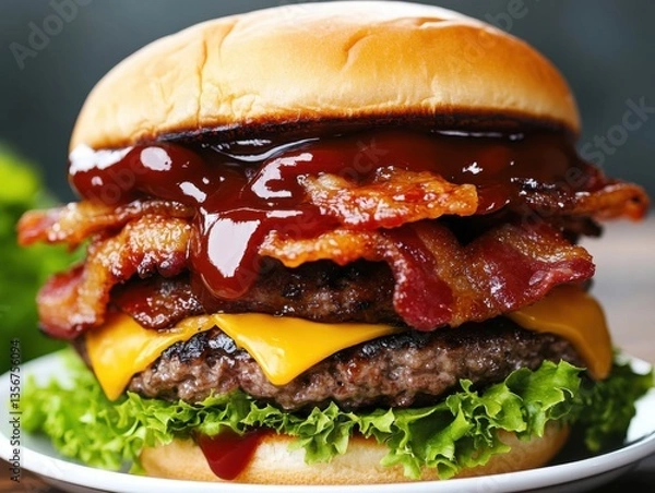 Fototapeta barbecue burger stacked with cheddar, crispy bacon and dripping bbq sauce
