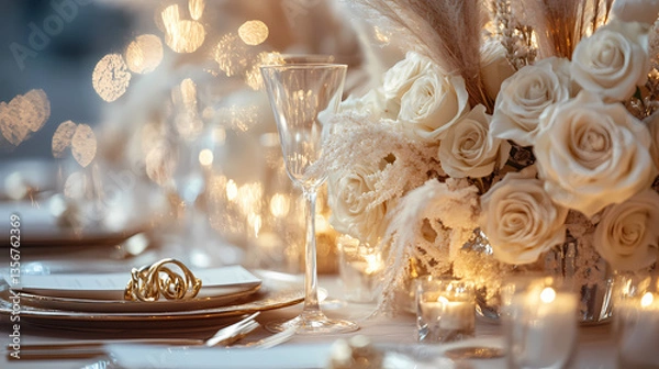 Fototapeta Elegant Table Setting: A beautifully styled table setting featuring soft lighting, delicate flowers, and luxurious tableware, creating an atmosphere of refined celebration and memorable occasions.