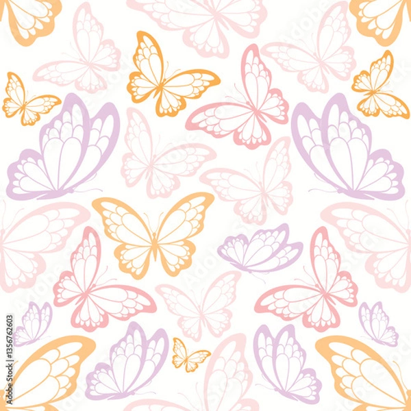 Fototapeta Seamless pastel butterfly pattern in soft pink, lavender, and peach tones. Light and airy design, perfect for textiles, wallpapers, gift wrap, invitations, baby products, and spring-themed projects.
