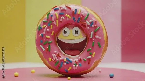 Fototapeta Joyful Donut: A Delightful 3D Render of a Smiling Donut with Sprinkles