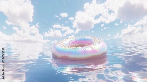 Fototapeta Iridescent Donut Floating on a Serene Ocean Under a Dreamy Sky