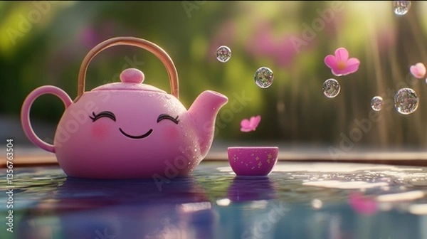 Fototapeta Joyful Teapot and Cup by the Poolside