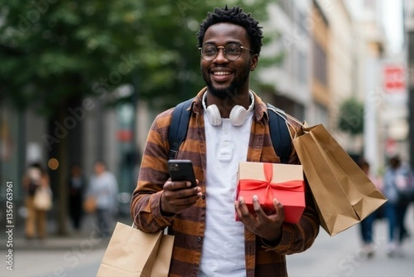 Obraz Student, phone and shopping bag in city travel, walking and search for student deal, discount or online sale. Happy african man with retail gift and mobile app, social media and chat in urban street