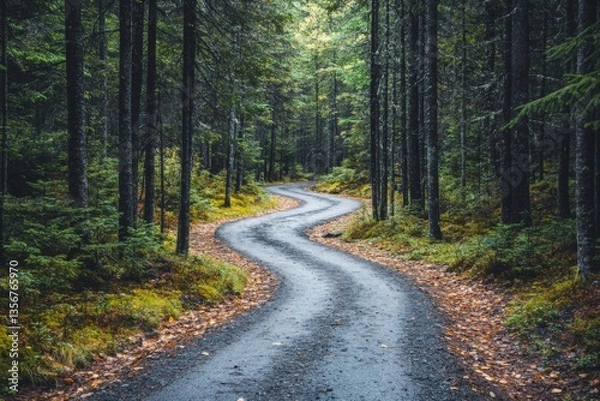 Obraz Curving pathway through a dense forest during early morning with soft light filtering through the trees