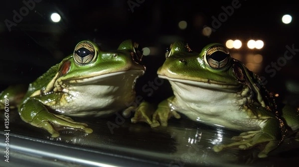 Fototapeta Nighttime Encounter: Two Green Tree Frogs Pose for the Camera