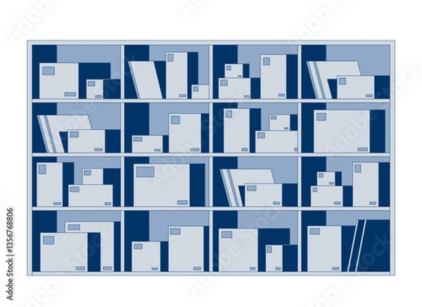 Obraz Storage shelves with boxes and documents 2D cartoon object. Logistics, archive filing, cardboard. Organized warehouse shelving isolated element flat vector clip art on white. Spot illustration