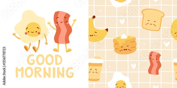 Fototapeta Breakfast food pattern set. Seamless vector print with morning food for kids pajamas.