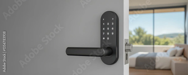 Fototapeta modern smart lock with keypad is installed on partially open door, revealing bright, airy bedroom with large window view. sleek design of lock complements contemporary interior