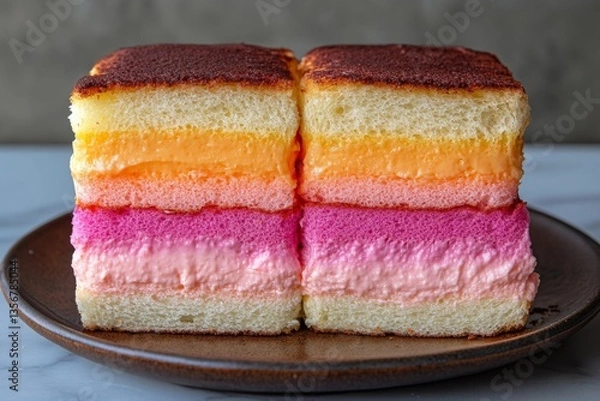 Fototapeta Desserts with colorful layers served on a plate display in a bright kitchen setting