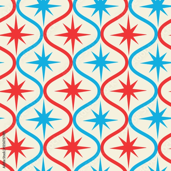 Fototapeta Mid century modern red and blue atomic starbursts on retro ogee shapes seamless pattern on white background . For wallpaper, home décor, wrapping paper and fabric