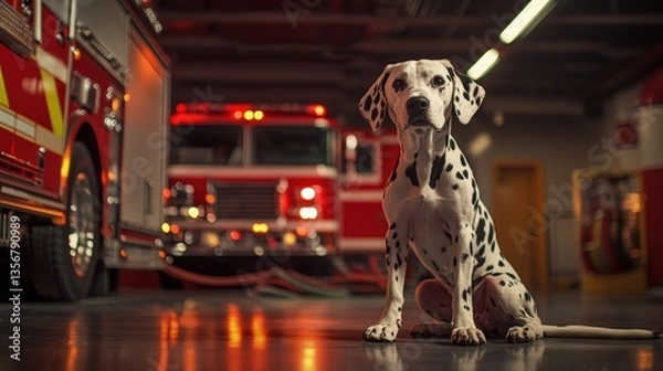 Fototapeta Proud dalmatian in fire station setting for canine enthusiasts and firefighter themes